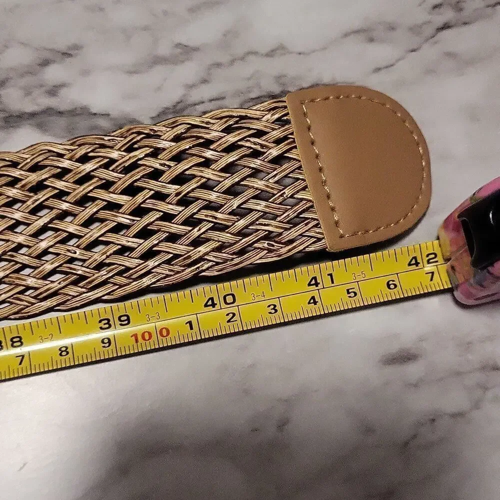 Classic Round Buckle Vegan Straw Belt Boho Brown Braided Wide Belt Fix Size S-L